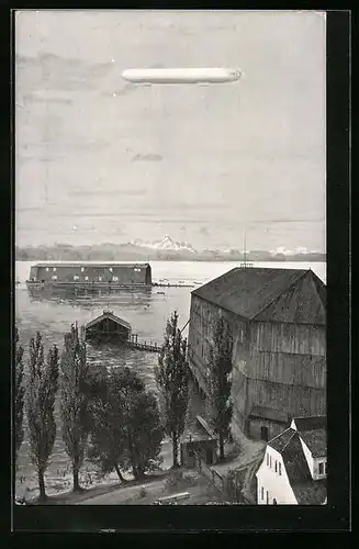 AK Manzell, Die Wiege der Zeppelin-Luftschiffahrt, Zeppelinhalle auf dem Bodensee