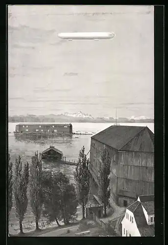 AK Manzell, Die Wiege der Zeppelin-Luftschiffahrt, Zeppelinhalle auf dem Bodensee