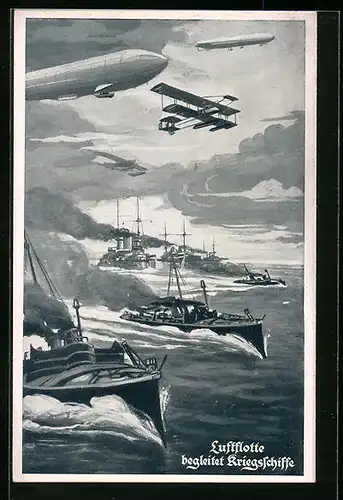 AK Zeppeline begleiten Kriegsschiffe