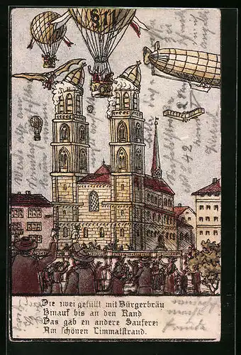 AK Zürich, Zeppelin und Ballone über den biergefüllten Türmen des Grossmünsters