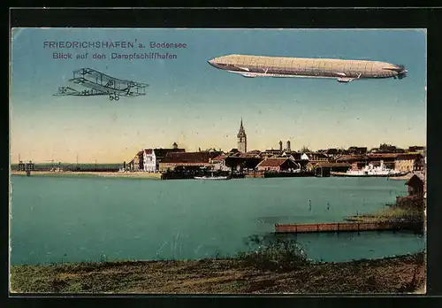 AK Friedrichshafen a. B., Zeppelin und Flugzeug über dem Dampfschiffhafen