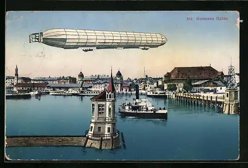 AK Konstanz a. B., Zeppelin über dem Hafen, abfahrender Dampfer