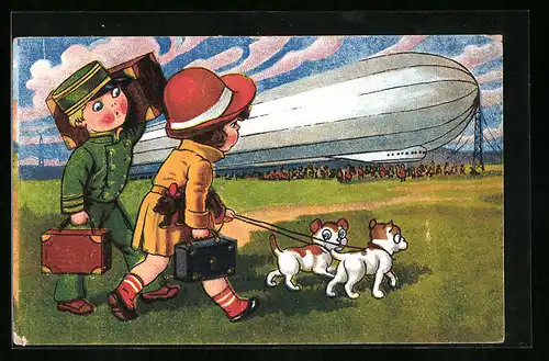AK Reisende mit Hunden beeilt sich um ihren Zeppelin nicht zu verpassen