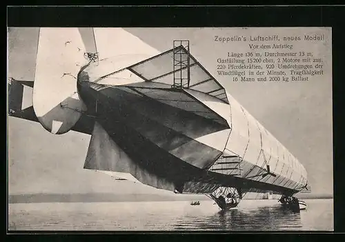 AK Neues Modell von Zeppelin`s Luftschiff, Vor dem Aufstieg über dem Bodensee