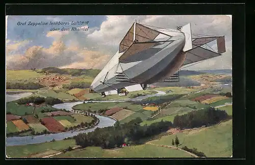 Künstler-AK Graf Zeppelins lenkbares Luftschiff über dem Rheintal
