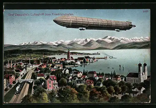AK Friedrichshafen a. B., Graf Zeppelin`s Luftschiff über der Hafenstadt