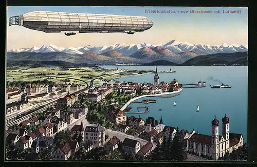 AK Friedrichshafen, Neue Uferstrasse mit Luftschiff
