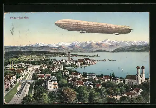 AK Friedrichshafen, Hafenansicht mit Zeppelin aus der Vogelschau