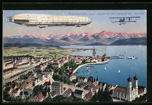AK Friedrichshafen, Neue Uferstrasse mit Zeppelin und Wasserflugzeug aus der Vogelschau