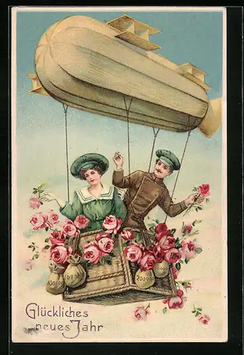 AK Paar im Zeppelin mit Neujahrsgrüssen