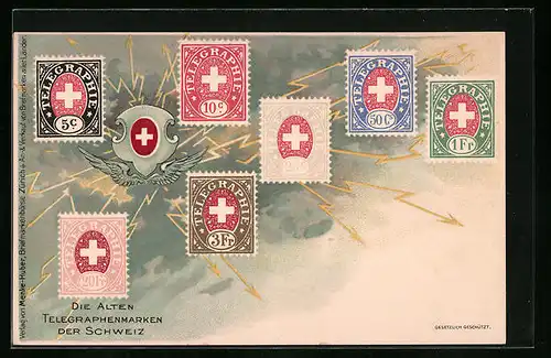 Lithographie Die alten Telegraphenmarken der Schweiz