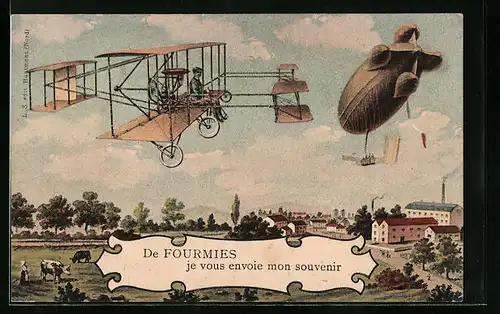 Künstler-AK Formies, Flugzeugkonstruktion und Zeppelin über der Stadt