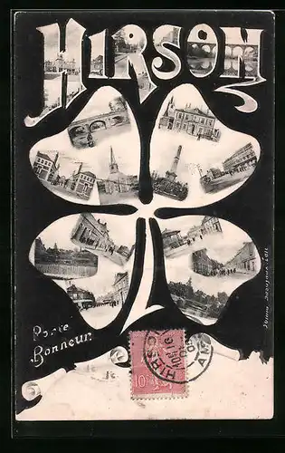 Blumengruss-AK Hirson, Le Chateau, L`Eglise, Le Monument