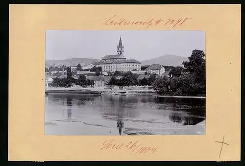 Fotografie Brück & Sohn Meissen, Ansicht Leitmeritz a. Elbe, Ortsansicht mit Biergarten Braubürgerschaft Leitmeritz