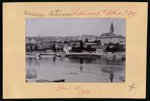 Fotografie Brück & Sohn Meissen, Ansicht Leitmeritz a. Elbe, Blick über die Elbe mit Damfer Bastei und Lastkahn