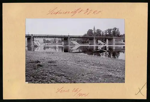Fotografie Brück & Sohn Meissen, Ansicht Leitmeritz a. Elbe, Blick auf die Elbbrücke mit Domthurm