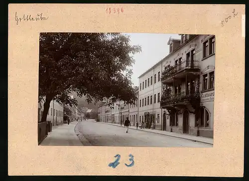 Fotografie Brück & Sohn Meissen, Ansicht Bad Gottleuba, Blick in die Königsstrasse mit Restaurant un Colonialwarenhandel