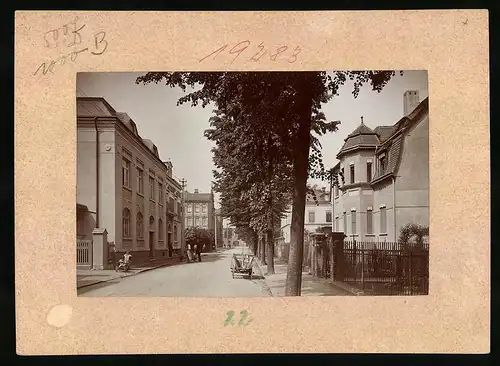 Fotografie Brück & Sohn Meissen, Ansicht Mügeln Bez. Leipzig, Blick in die Lindenstrasse mit Post und Schule