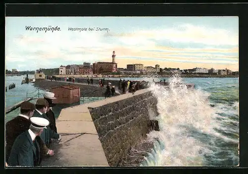 AK Warnemünde, Westmole bei Sturm