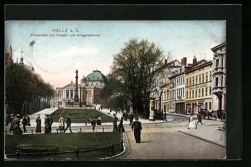 AK Halle /Saale, Promenade mit Theater und Kriegerdenkmal