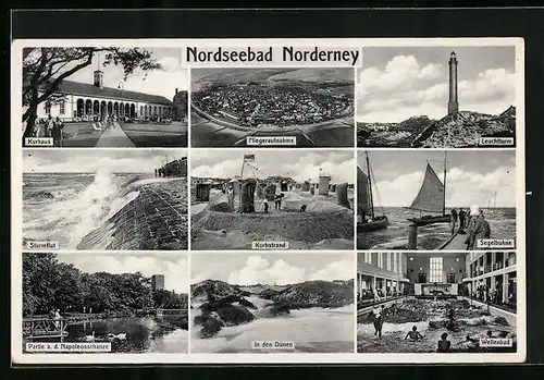 AK Norderney, Kurhaus, Fliegeraufnahme, Leuchtturm, Korbstrand