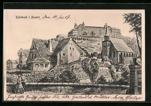 Künstler-AK Kulmbach i. Bayern, Ortspartie mit Blick zur Burg
