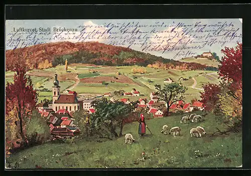 Künstler-AK Brückenau, Ortsansicht von einer Anhöhe aus, Weidende Schafherde