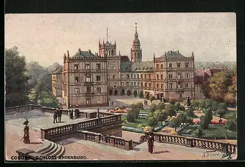 Künstler-AK Coburg, Schloss Ehrenburg mit besuchtem Schlossgarten