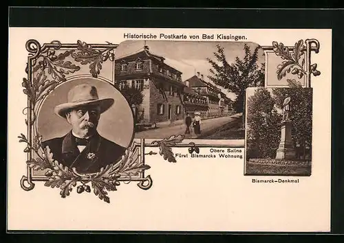 AK Bad Kissingen, Bismarck - Portrait, Wohnung, Denkmal, Eichenlaub