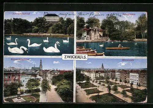 AK Zwickau /Sa., Schwanenschloss, Römerplatz, Gondelplatz