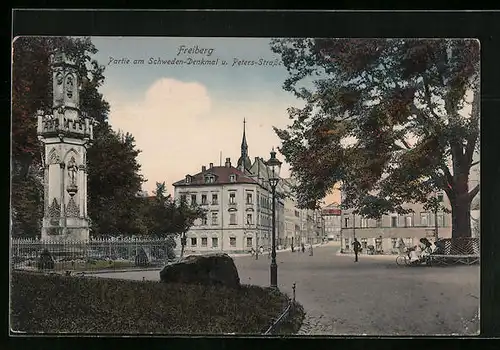 AK Freiberg /Sa., Partie am Schweden-Denkmal und Peters-Strasse