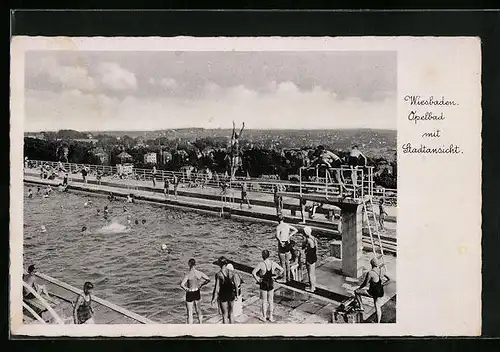 AK Wiesbaden, Opelbad mit Stadtansicht