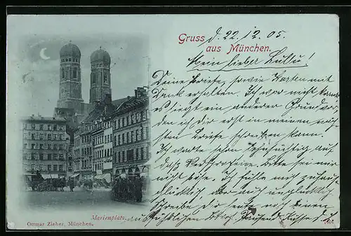 Mondschein-AK München, Marienplatz mit Frauenkirche