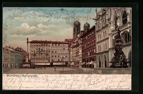 Künstler-AK München, Marienplatz mit Frauenkirche und Denkmal