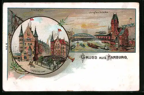 Künstler-AK Hamburg, Lagerhäuser, Freihafen und Jungfernbrücke