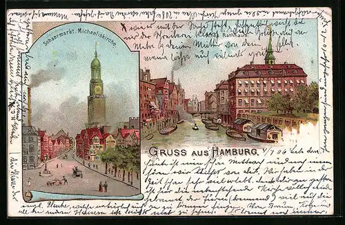 Lithographie Hamburg, Altes Rathaus, Schaarmarkt mit Michaeliskirche