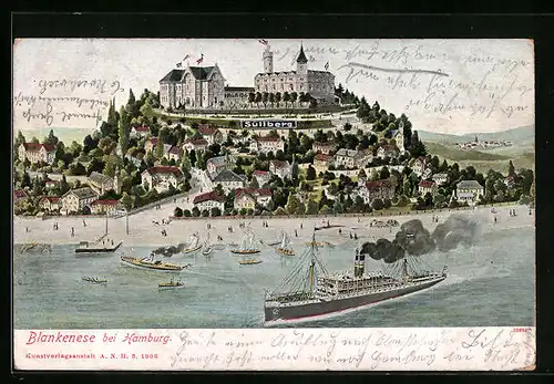 AK Blankenese bei Hamburg, Süllberg mit Hotel und Dampfern