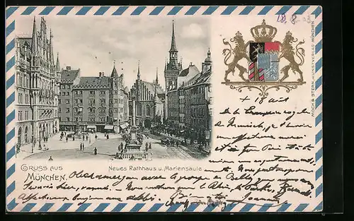 Künstler-AK München, Neues Rathaus und Mariensäule, Wappen