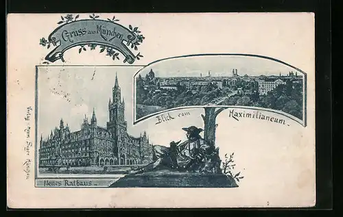 Künstler-AK München, Neues Rathaus, Blick vom Maximilianeum, Rastender Wanderer