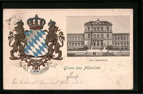 Künstler-AK München, Die Akademie, Bayerisches Wappen