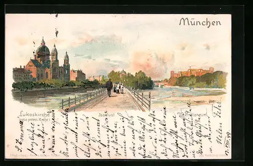 Lithographie München, Lukaskirche, Isarlust, Maximilianeum