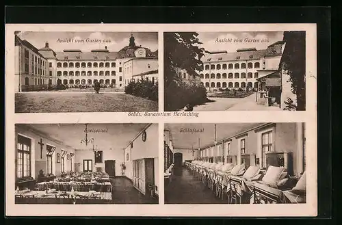 AK München-Harlaching, Städtisches Sanatorium - Ansicht vom Garten aus, Speisesaal, Schlafsaal