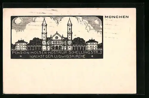 Künstler-AK München, Frauenkirche, Werbung für Pension Molsen-Hostrup, Schellingstr. 3