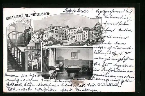 AK Neuwittelsbach, Kuranstalt - Gebäude, Treppenhaus, Billardzimmer