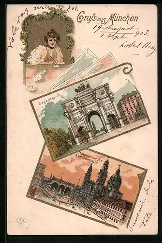 Lithographie München, Siegestor, Theatinerkirche und Feldherrnhalle