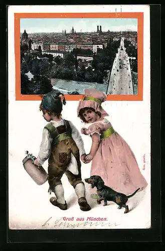 AK München, Ortsansicht mit Frauenkirche, Kinder mit Dackel und Bierkrug