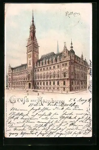 Lithographie Hamburg, Rathaus mit Strassenpartie