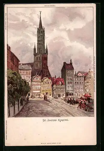 AK Hamburg, St. Jacobi-Kirche mit Strassenpartie