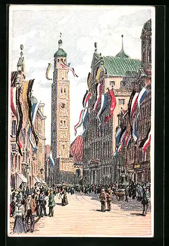 AK Augsburg, Rathaus mit Perlachturm und Flaggenschmuck