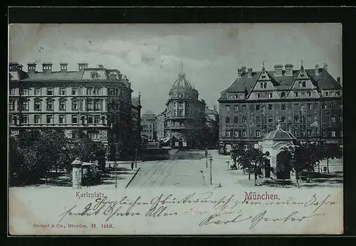 Mondschein-AK München, Strassenpartie am Karlsplatz